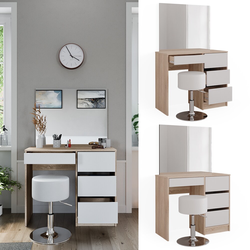 Vicco Schminktisch Sherry Sonoma Wei&szlig;, 90 x 75 cm, Spiegel, Hocker, Frisiertisch 