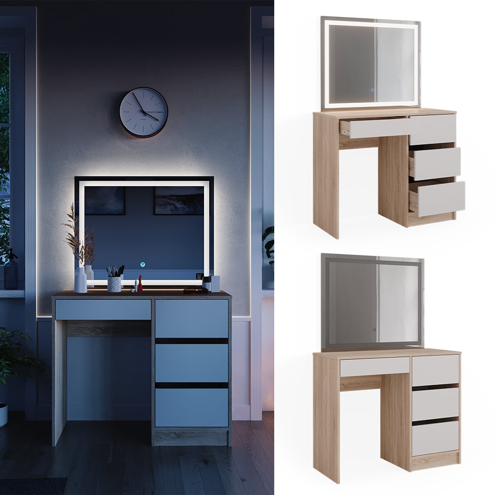 Vicco Schminktisch Sherry Sonoma Wei&szlig; 90 x 75 cm LED-Spiegel Frisiertisch modern 