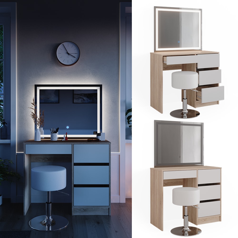 Vicco Schminktisch Sherry Sonoma Wei&szlig; 90 x 75 cm LED-Spiegel & Hocker modern 