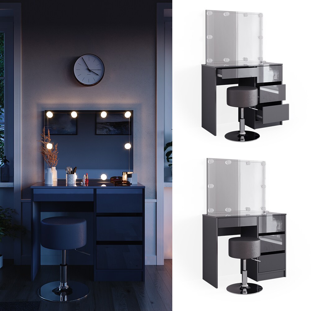 Vicco Schminktisch Sherry Anthrazit Hochglanz, 90 x 75 cm, Spiegel, LED & Hocker 