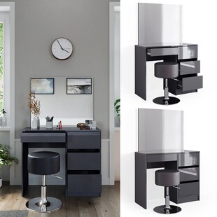 Vicco Schminktisch Sherry Anthrazit Hochglanz 90 x 75 cm Spiegel Hocker modern 