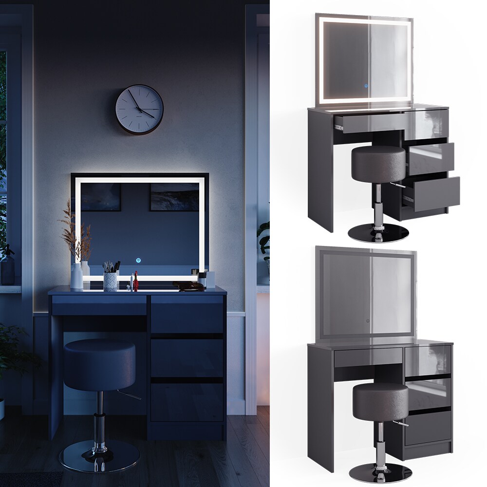 Vicco Schminktisch Sherry Anthrazit Hochglanz 90 x 75 cm LED-Spiegel & Hocker 