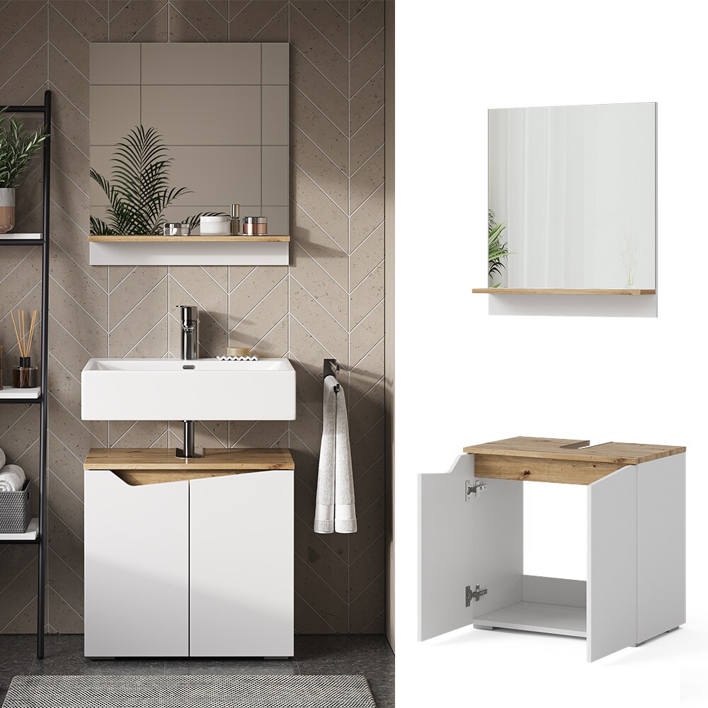 Vicco Badm&ouml;bel-Set Marelle Wei&szlig; Artisan moderne Serie Badezimmer dekorative Front Waschtischunterschrank Badspiegel 