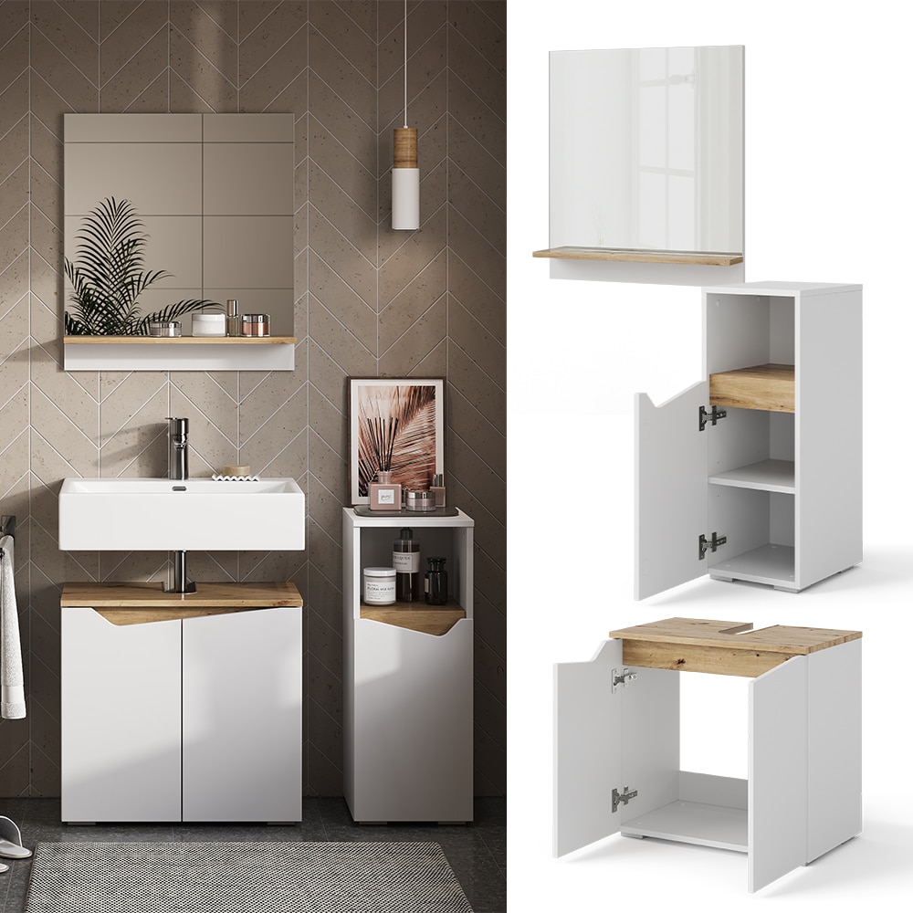 Vicco Badm&ouml;bel-Set Marelle Wei&szlig; Artisan moderne Serie Badezimmer dekorative Front Waschtischunterschrank Badspiegel Midischrank 