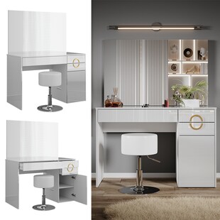 Vicco Schminktisch Adela Weiß Hochglanz, 115 x 76,4 cm mit Spiegel, Hocker 