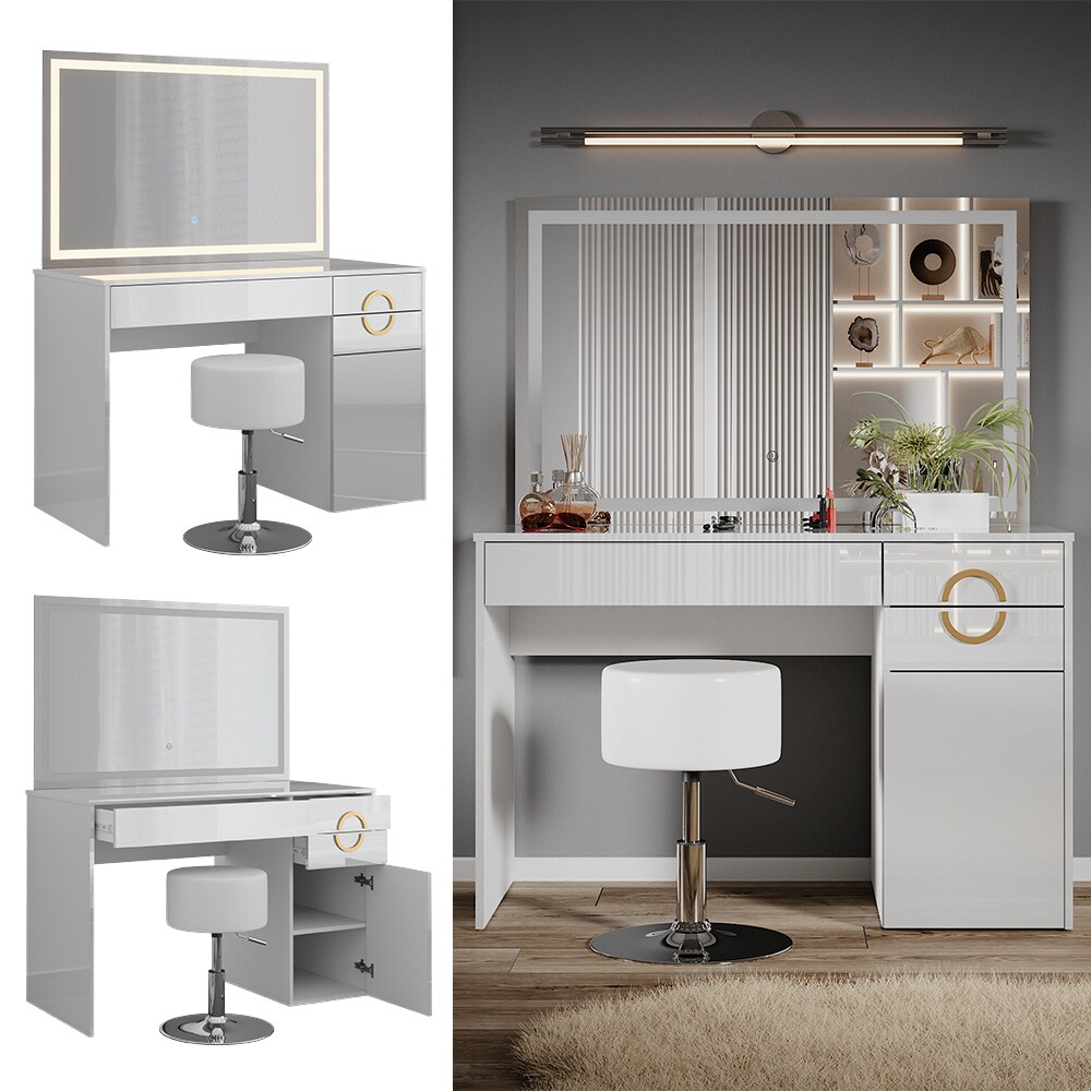 Vicco Schminktisch Adela Wei&szlig; Hochglanz, 115 x 76,4 cm mit LED-Spiegel, Hocker 