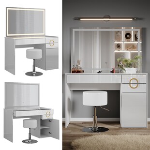 Vicco Schminktisch Adela Weiß Hochglanz, 115 x 76,4 cm mit LED-Spiegel, Hocker 
