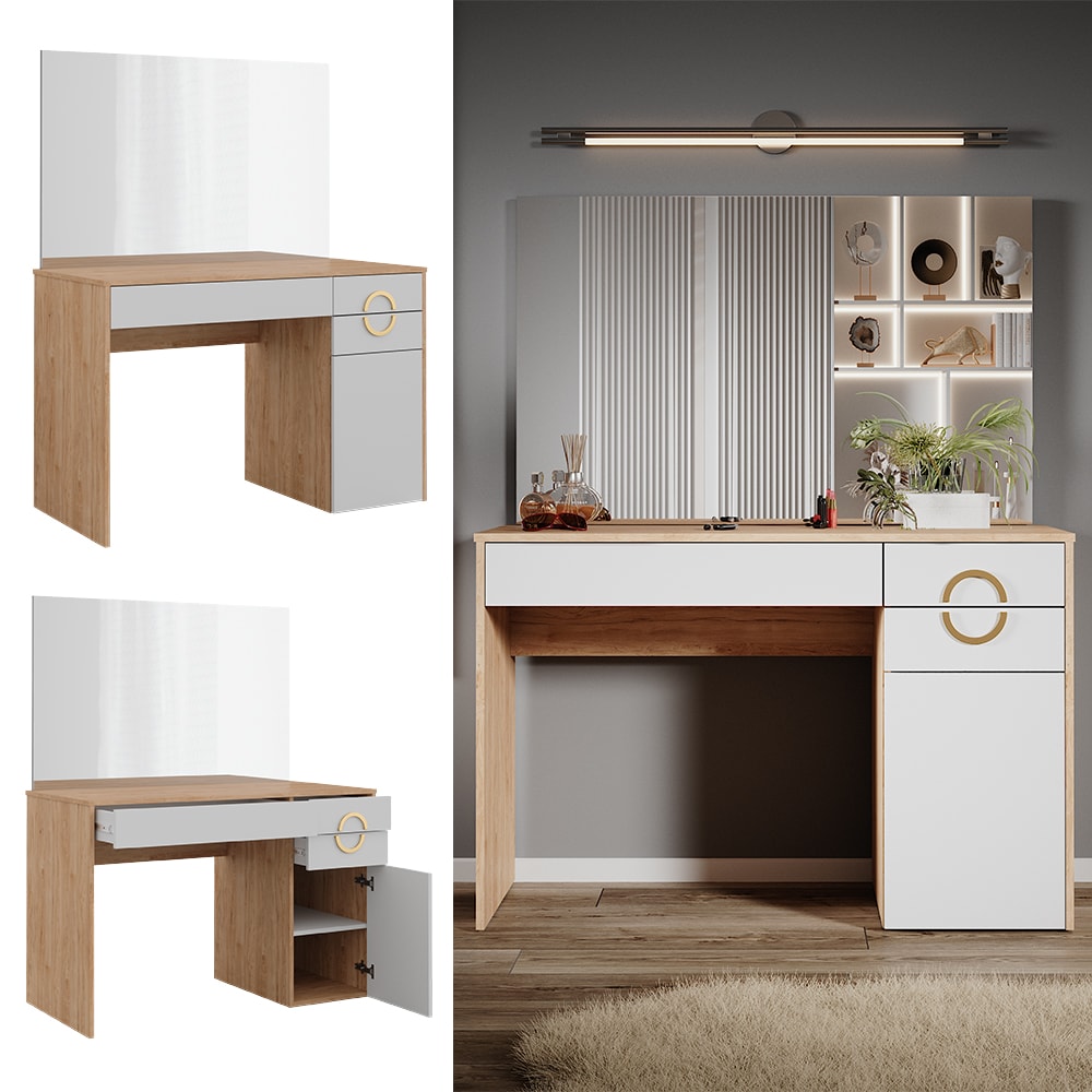 Vicco Schminktisch Adela Natural Rockford Hickory Wei&szlig;, 115 x 76 cm mit Spiegel 