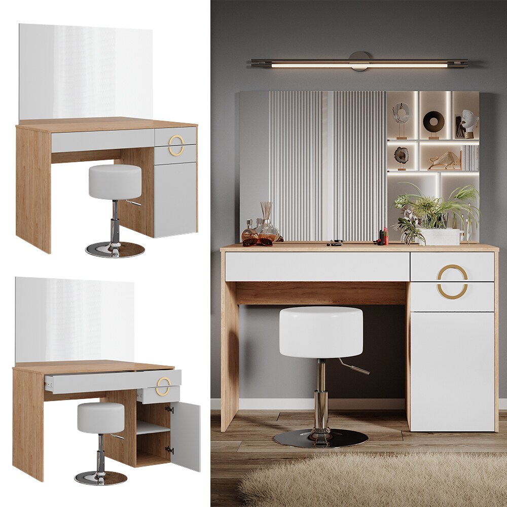 Vicco Schminktisch Adela Natural Rockford Hickory Wei&szlig; 115x76 cm Spiegel, Hocker 