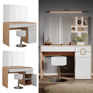 Vicco Schminktisch Adela Natural Rockford Hickory Weiß 115x76 cm Spiegel, Hocker 