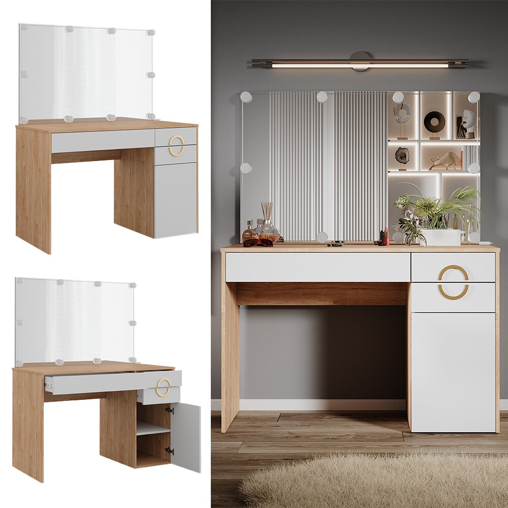 Vicco Schminktisch Adela Natural Rockford Hickory Wei&szlig;, 115 x 76 cm Spiegel, LED 