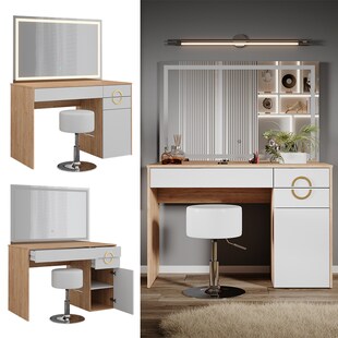 Vicco Schminktisch Adela Natural Rockford Weiß, 115x76 cm LED-Spiegel, Hocker 