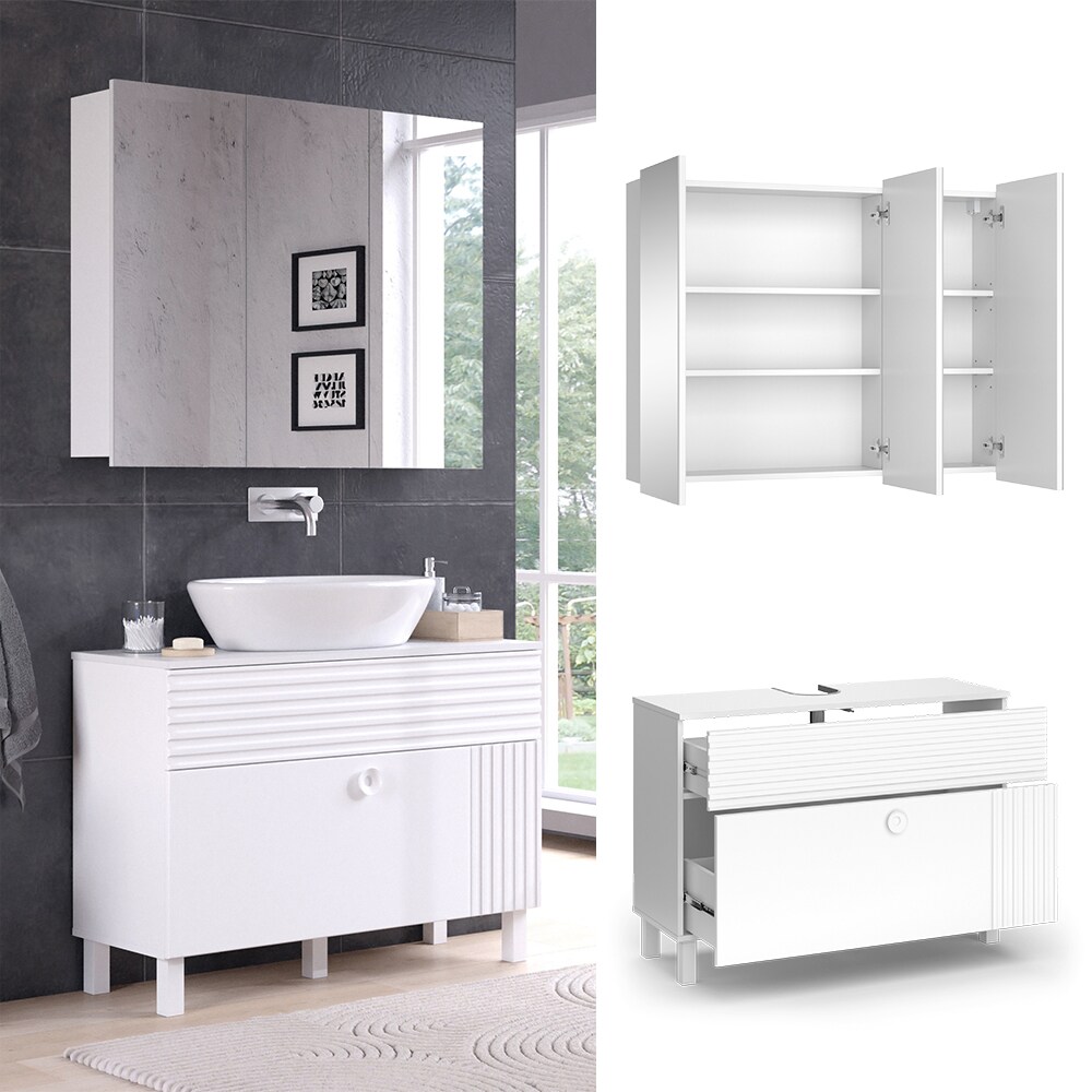 Vicco Badm&ouml;bel-Set Sola Wei&szlig; matt, moderne Serie, Badezimmer, dekorative Front Waschtischunterschrank Spiegelschrank 