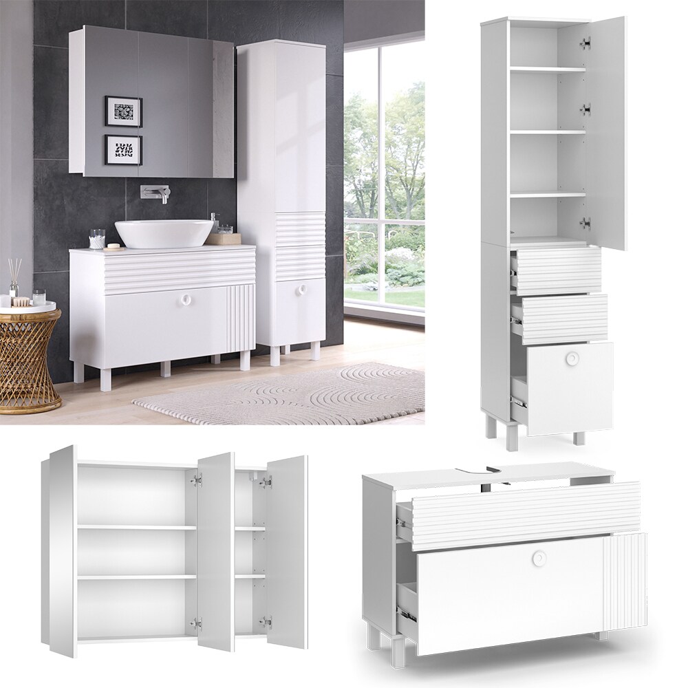Vicco Badm&ouml;bel-Set Sola Wei&szlig; matt, moderne Serie, Badezimmer, dekorative Front Waschtischunterschrank Spiegelschrank Hochschrank 