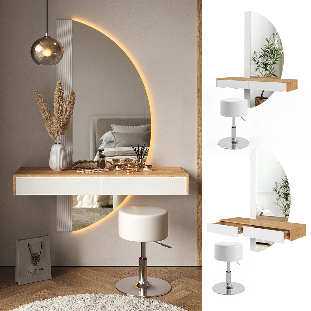 Vicco Schminktisch Melisa mit LED-Spiegel 120 x 161 cm Eiche Wei&szlig; modern Hocker 