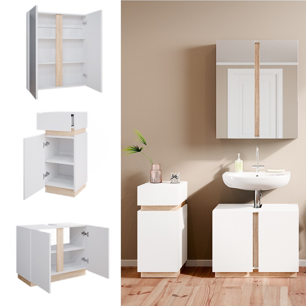 Vicco Badm&ouml;belset Gloria Wei&szlig; Sonoma modern Badezimmer Spiegelschrank Waschtischunterschrank Midischrank 