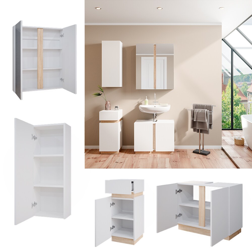 Vicco Badm&ouml;belset Gloria Wei&szlig; Sonoma modern Badezimmer Spiegelschrank Waschtischunterschrank Midischrank H&auml;ngeschrank 