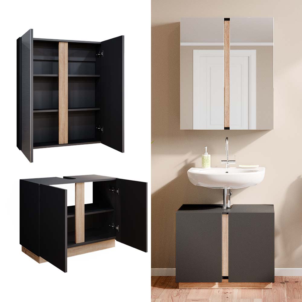 Vicco Badm&ouml;belset Gloria Anthrazit Sonoma modern Badezimmer Spiegelschrank Waschtischunterschrank 