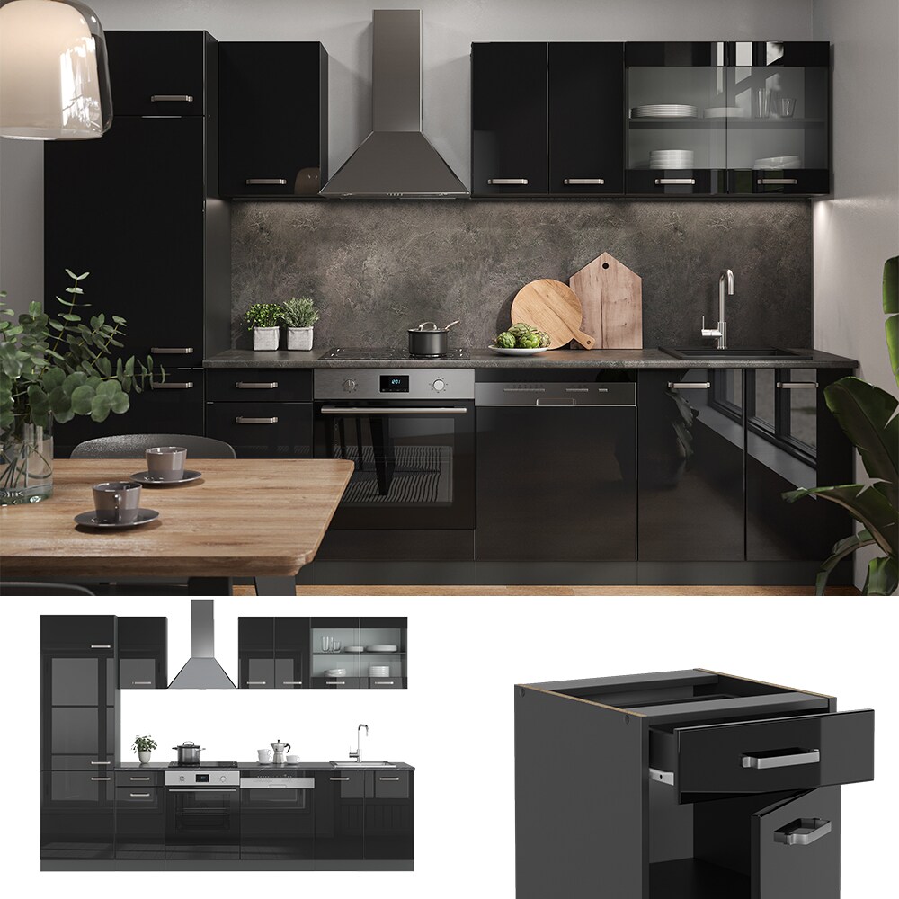 Vicco K&uuml;chenzeile R-Line Solid Anthrazit Schwarz 300 cm modern K&uuml;chenschr&auml;nke K&uuml;chenm&ouml;bel 
