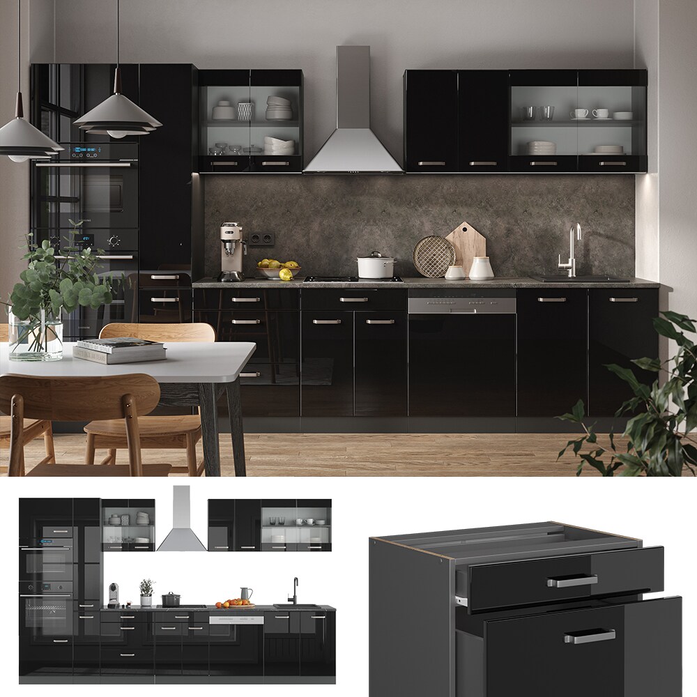 Vicco K&uuml;chenzeile R-Line Solid Anthrazit Schwarz 350 cm modern K&uuml;chenschr&auml;nke K&uuml;chenm&ouml;bel 