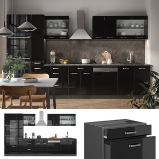 Vicco Küchenzeile R-Line Solid Anthrazit Schwarz 350 cm modern Küchenschränke Küchenmöbel 