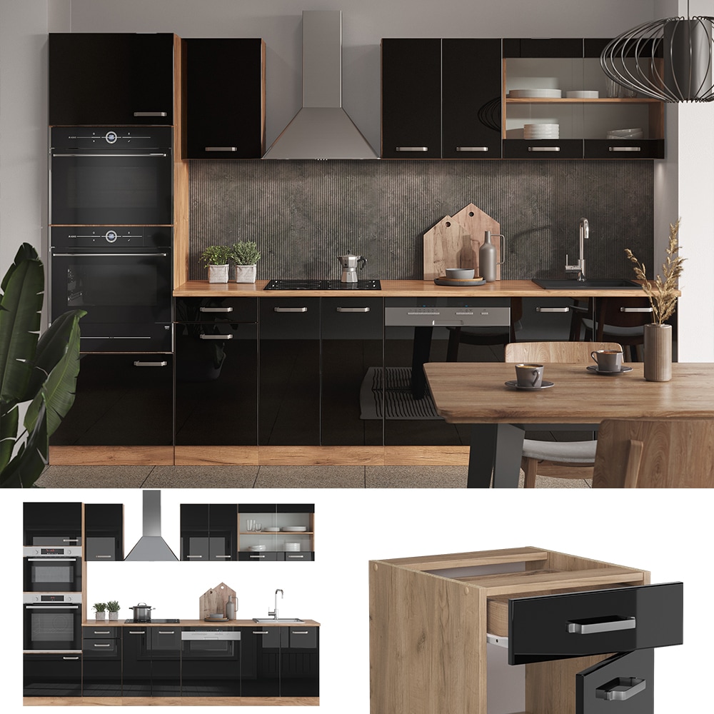 Vicco K&uuml;chenzeile R-Line Solid Eiche Schwarz 300 cm modern K&uuml;chenschr&auml;nke K&uuml;chenm&ouml;bel 