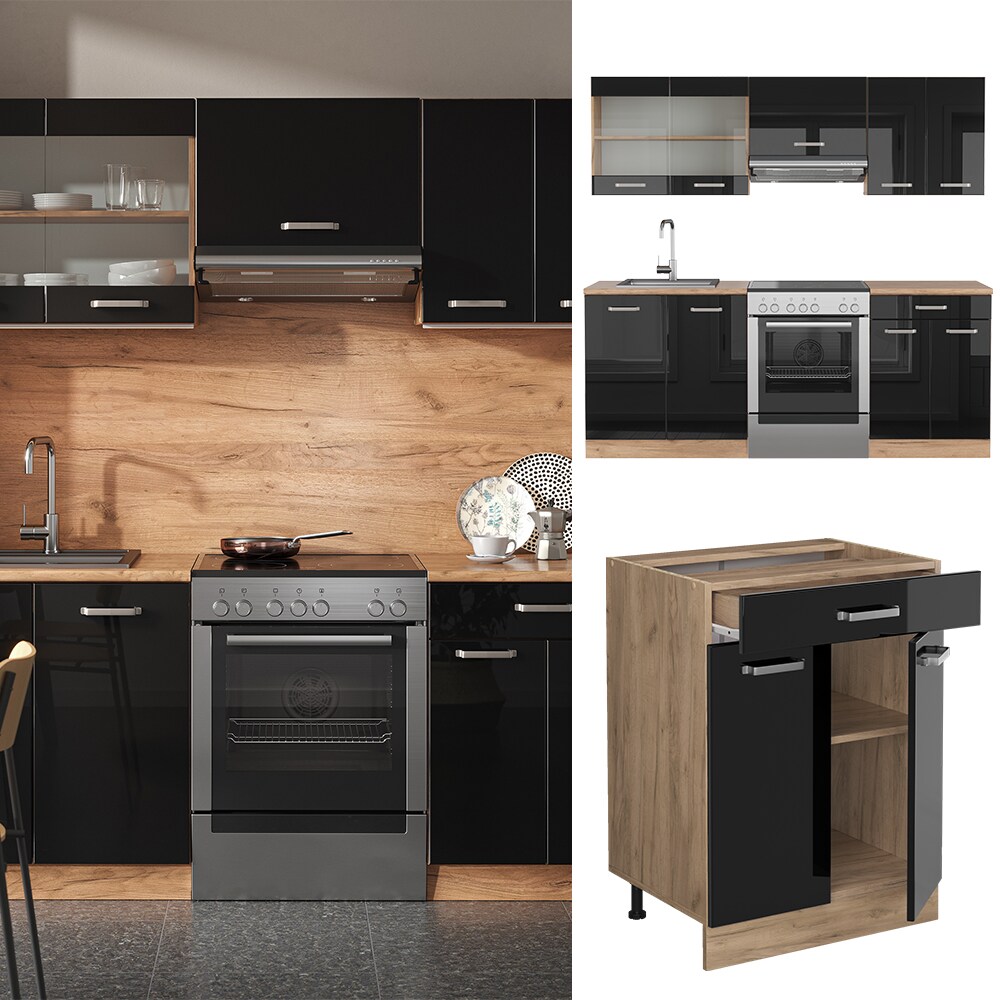 Vicco K&uuml;chenzeile R-Line Solid Eiche Schwarz 200 cm modern K&uuml;chenschr&auml;nke K&uuml;chenm&ouml;bel 