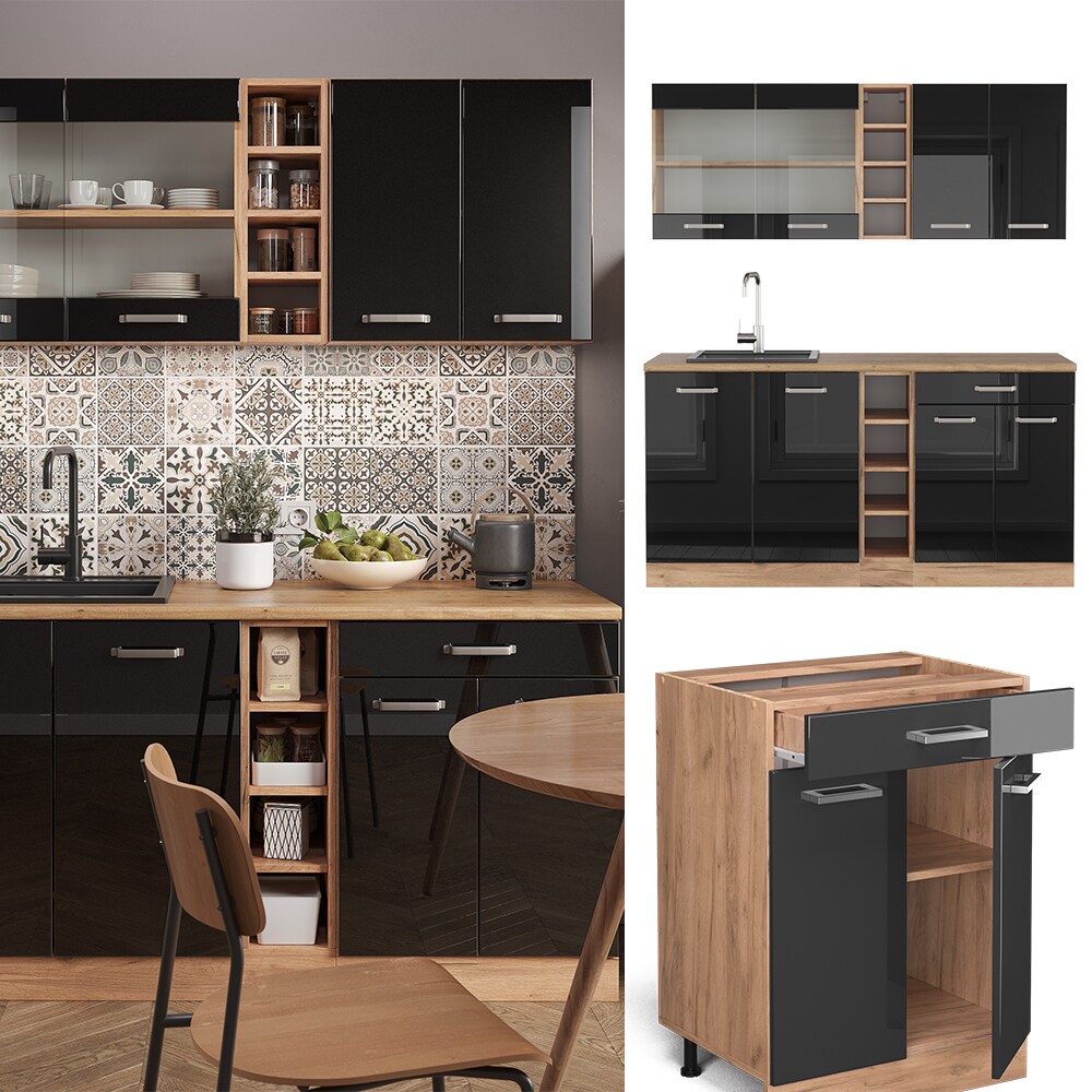 Vicco Küchenzeile R-Line Solid Eiche Schwarz 160 cm modern Küchenschränke Küchenmöbel