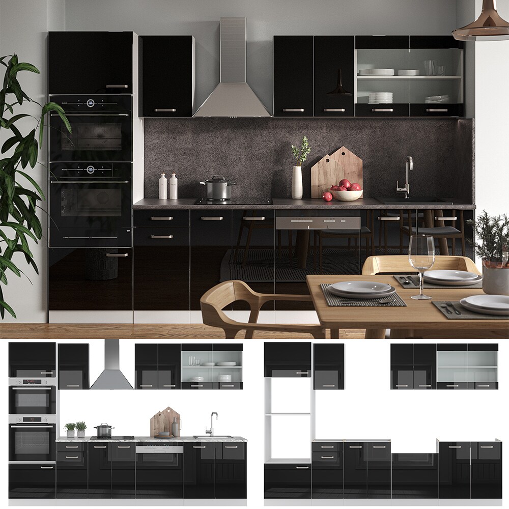 Vicco Küchenzeile R-Line Solid Weiß Schwarz 300 cm modern Küchenschränke Küchenmöbel