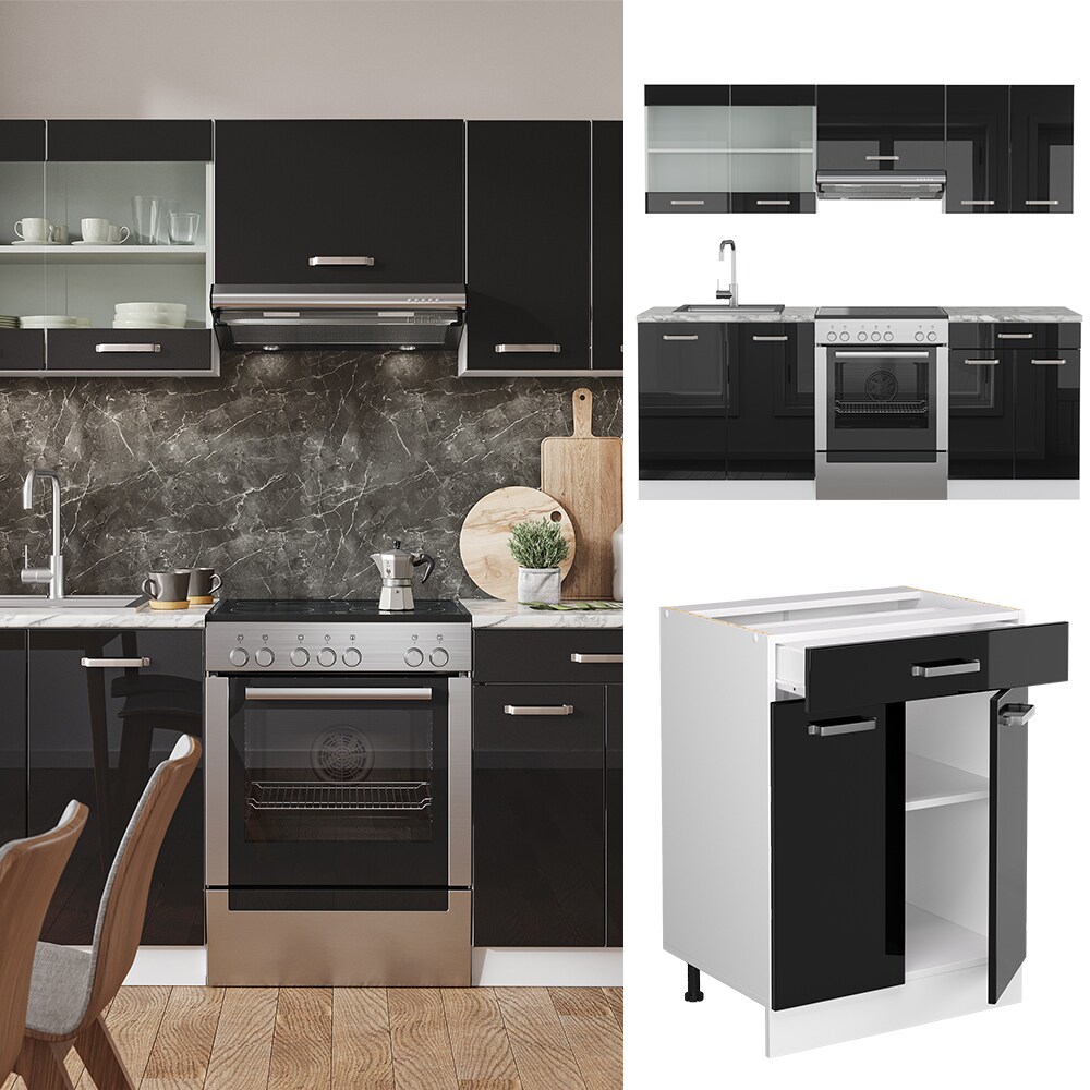 Vicco K&uuml;chenzeile R-Line Solid Wei&szlig; Schwarz 200 cm modern K&uuml;chenschr&auml;nke K&uuml;chenm&ouml;bel 