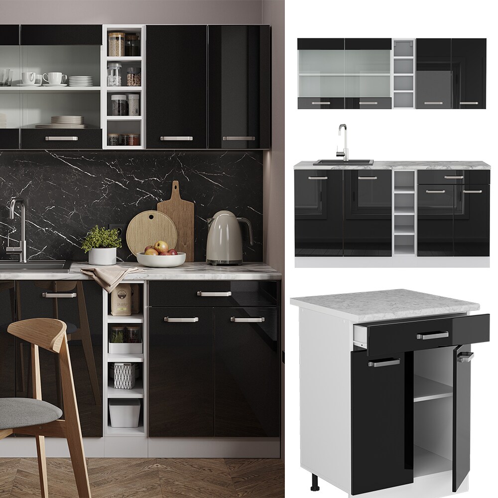 Vicco K&uuml;chenzeile R-Line Solid Wei&szlig; Schwarz 160 cm modern K&uuml;chenschr&auml;nke K&uuml;chenm&ouml;bel 