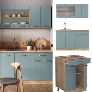 Vicco Küchenzeile R-Line Solid Eiche Blau Grau 140 cm modern Küchenschränke Küchenmöbel 