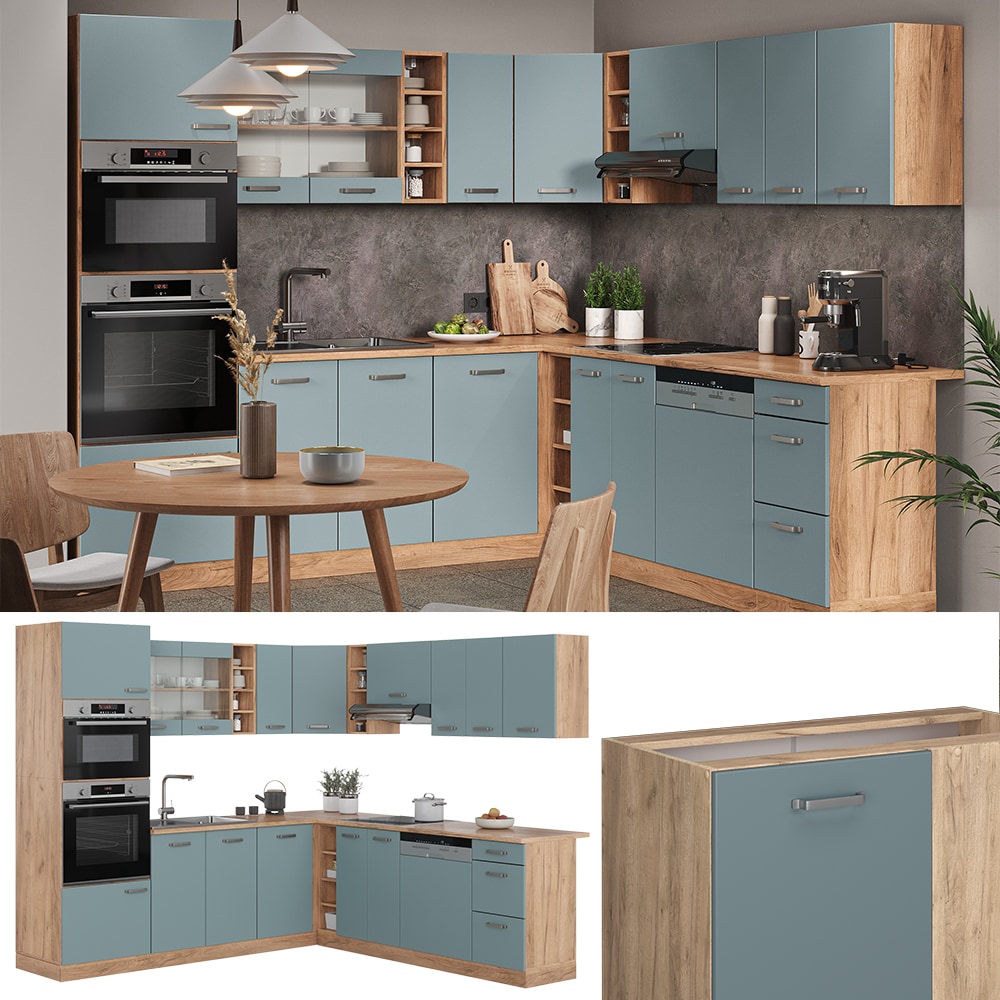 Vicco Eckk&uuml;che R-Line Solid Eiche Blau Grau 247x237 cm modern K&uuml;chenschr&auml;nke K&uuml;chenm&ouml;bel 