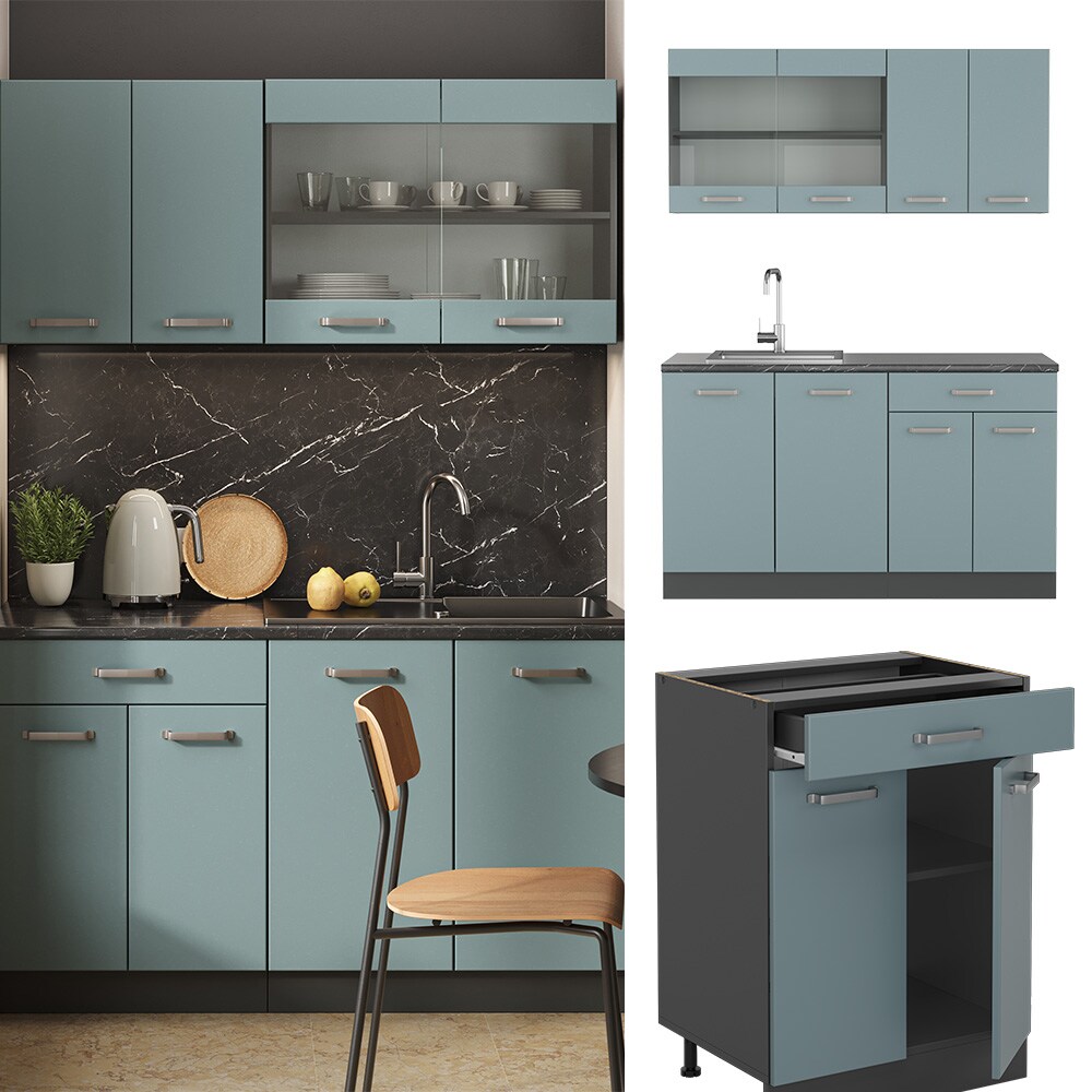 Vicco Küchenzeile R-Line Solid Anthrazit Blau Grau 140 cm modern Küchenschränke Küchenmöbel