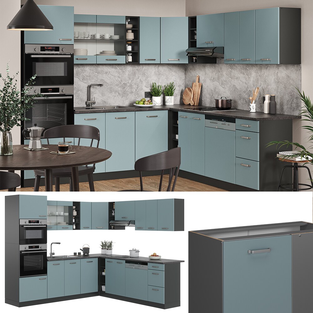 Vicco Eckk&uuml;che R-Line Solid Anthrazit Blau Grau 247x237 cm modern K&uuml;chenschr&auml;nke K&uuml;chenm&ouml;bel 