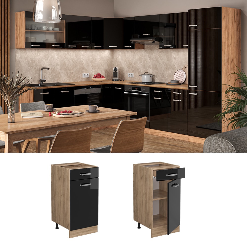 Vicco Schubunterschrank K&uuml;chenschrank R-Line Solid Eiche Schwarz 40 cm modern 