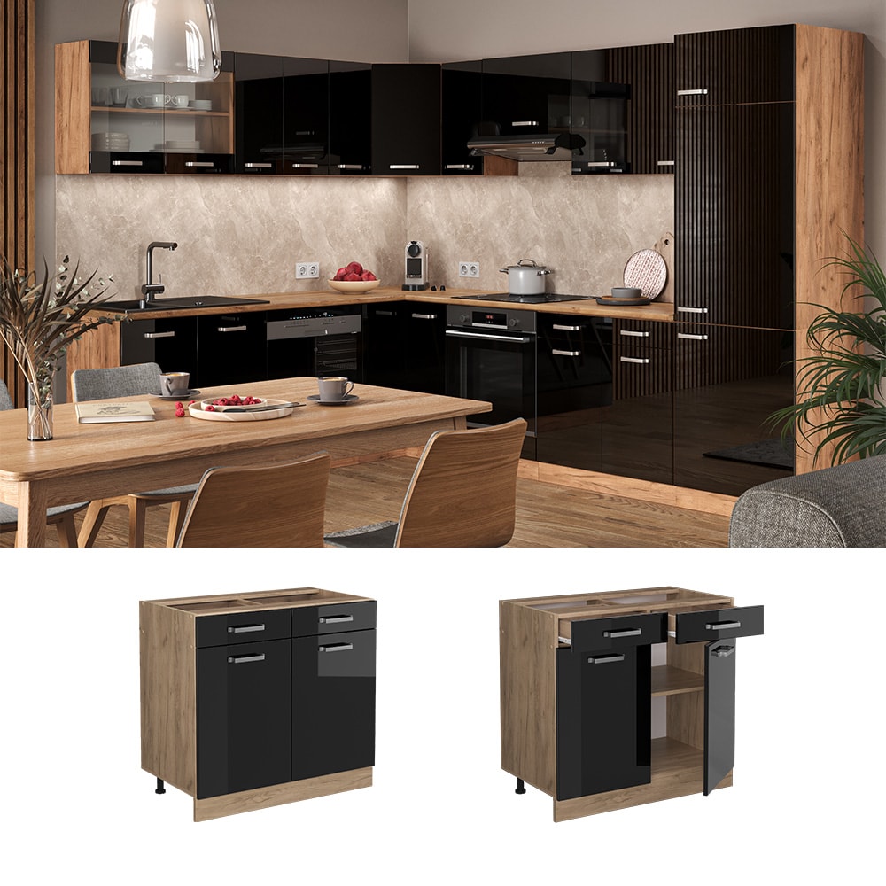 Vicco Schubunterschrank K&uuml;chenschrank R-Line Solid Eiche Schwarz 80 cm modern 