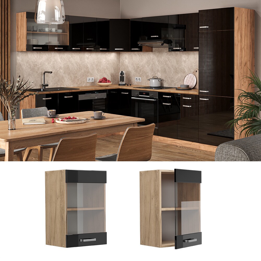 Vicco Glash&auml;ngeschrank K&uuml;chenschrank R-Line Solid Eiche Schwarz 40 cm modern 