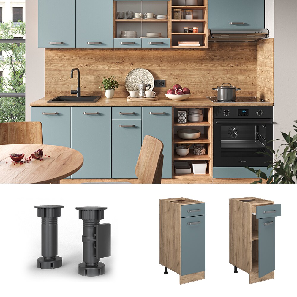 Vicco Schubunterschrank K&uuml;chenschrank R-Line Solid Eiche Blau Grau 30 cm modern 