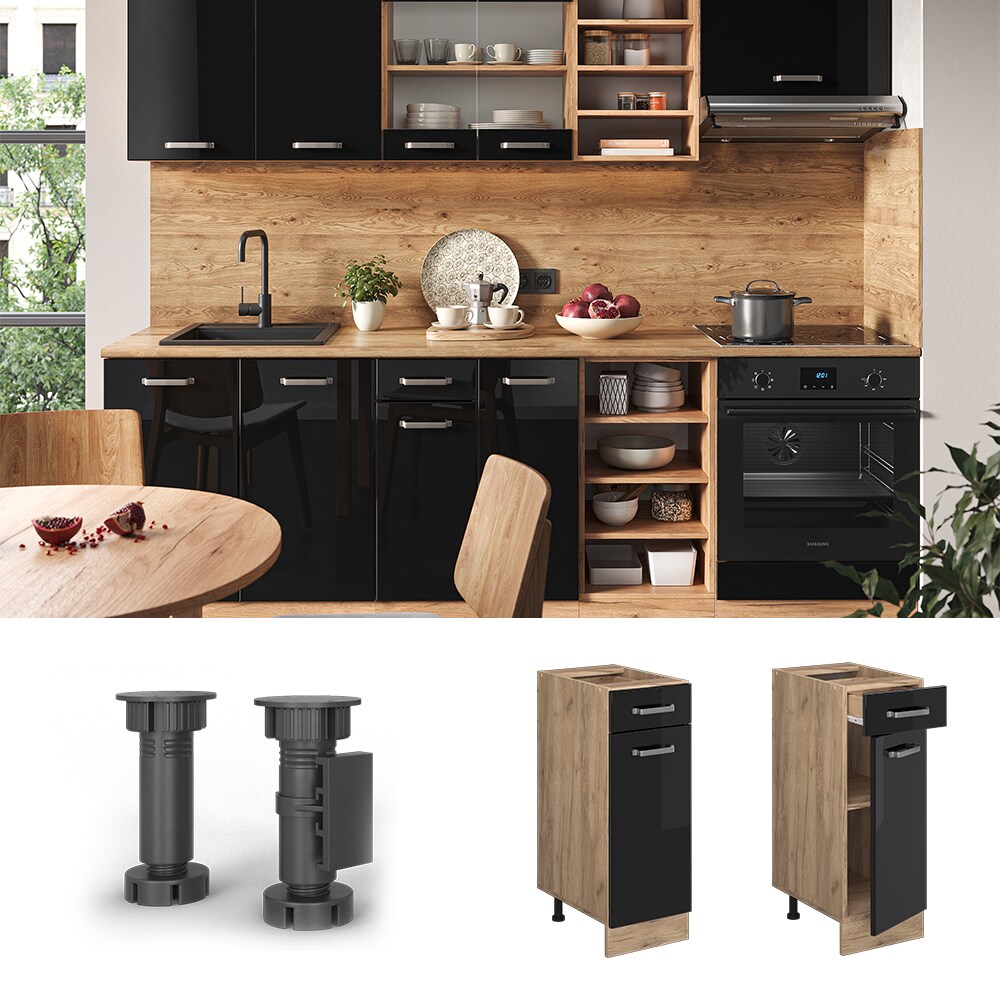 Vicco Schubunterschrank K&uuml;chenschrank R-Line Solid Eiche Schwarz 30 cm modern 