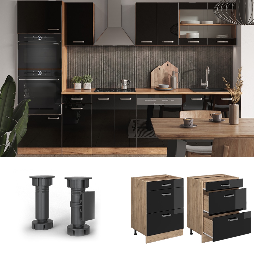 Vicco Schubladenunterschrank K&uuml;chenschrank R-Line Solid Eiche Schwarz 60 cm modern 