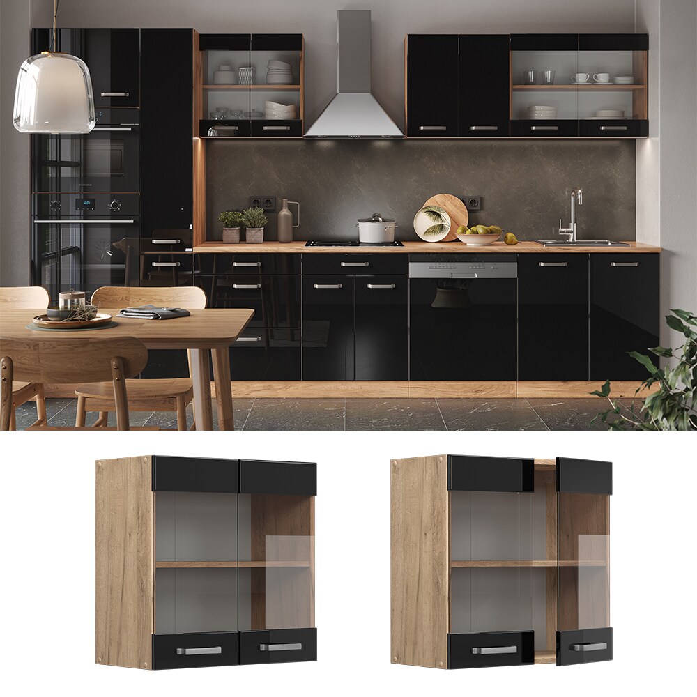 Vicco Glash&auml;ngeschrank K&uuml;chenschrank R-Line Solid Eiche Schwarz 60 cm modern 