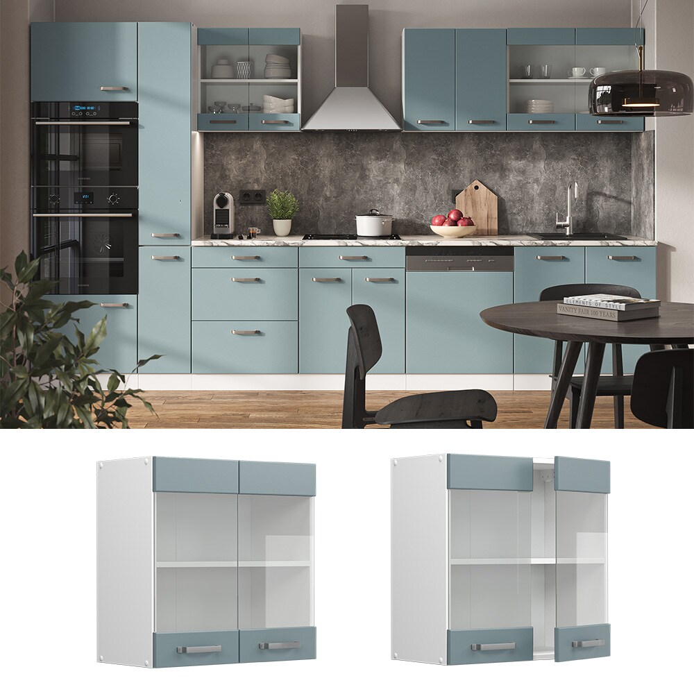 Vicco Glash&auml;ngeschrank K&uuml;chenschrank R-Line Solid Wei&szlig; Blau Grau 60 cm modern 