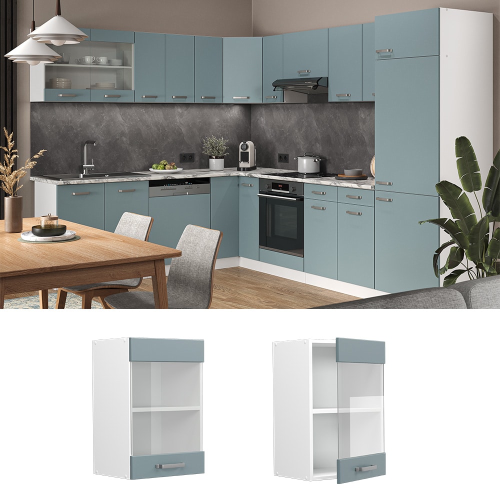 Vicco Glash&auml;ngeschrank K&uuml;chenschrank R-Line Solid Wei&szlig; Blau Grau 40 cm modern 