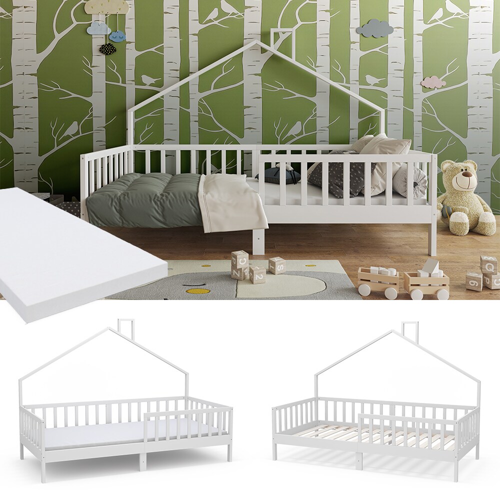 Vicco Hausbett Kinderbett Justus Wei&szlig; 90 x 200 cm mit Matratze modern 