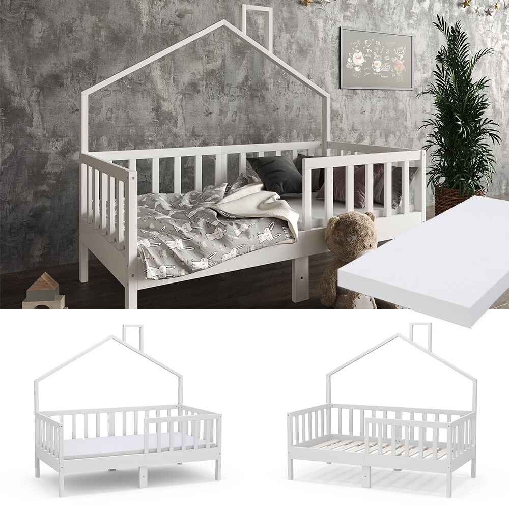 Vicco Hausbett Kinderbett Justus Wei&szlig; 70 x 140 cm mit Matratze modern 