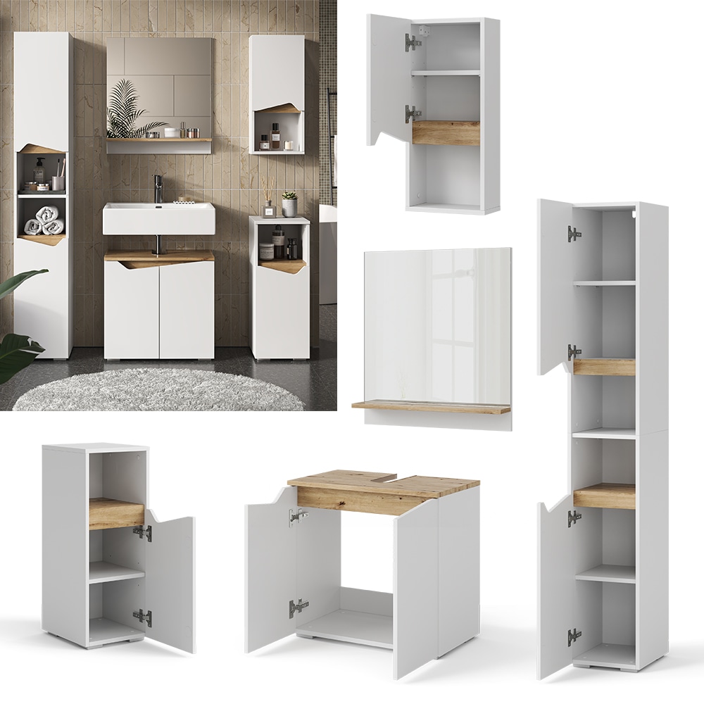 Vicco Badm&ouml;bel-Set Marelle Wei&szlig; Artisan moderne Serie Badezimmer dekorative Front Waschtischunterschrank Badspiegel Midischrank H&auml;ngeschrank Hochschrank 