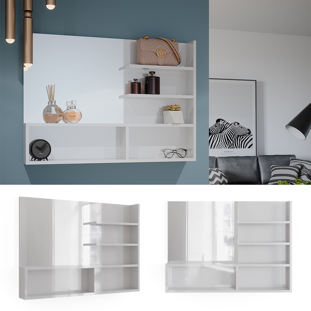 Vicco Spiegelregal Wei&szlig; Hochglanz 89,8 x 65 cm, moderner Badspiegel mit Ablagen 