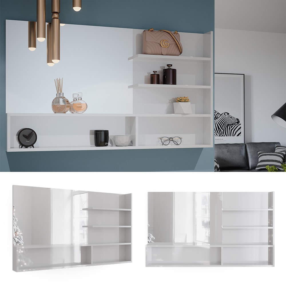 Vicco Spiegelregal Wei&szlig; Hochglanz 119,8 x 70 cm, moderner Badspiegel mit Ablagen 