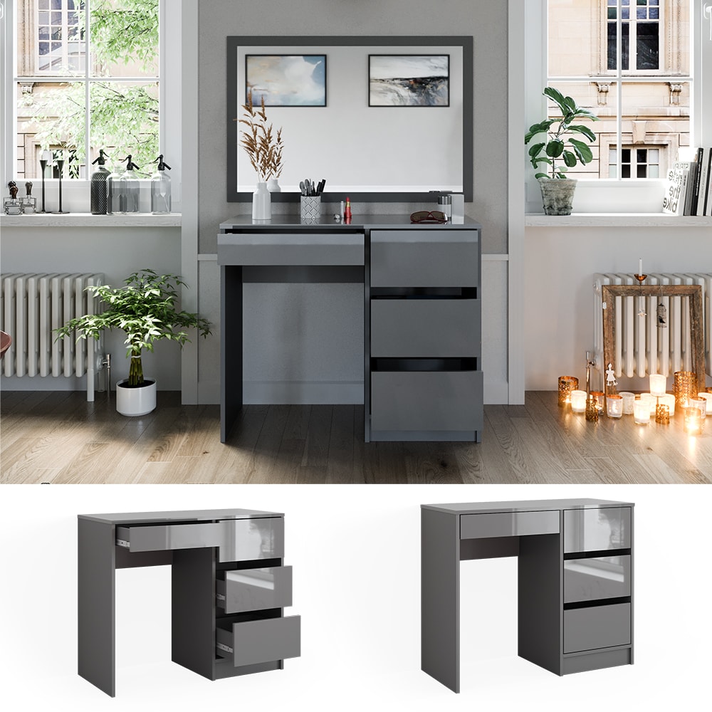 Vicco Schminktisch Sherry klein Grau Hochglanz, 90 x 75 cm, Schubladen, Frisiertisch 
